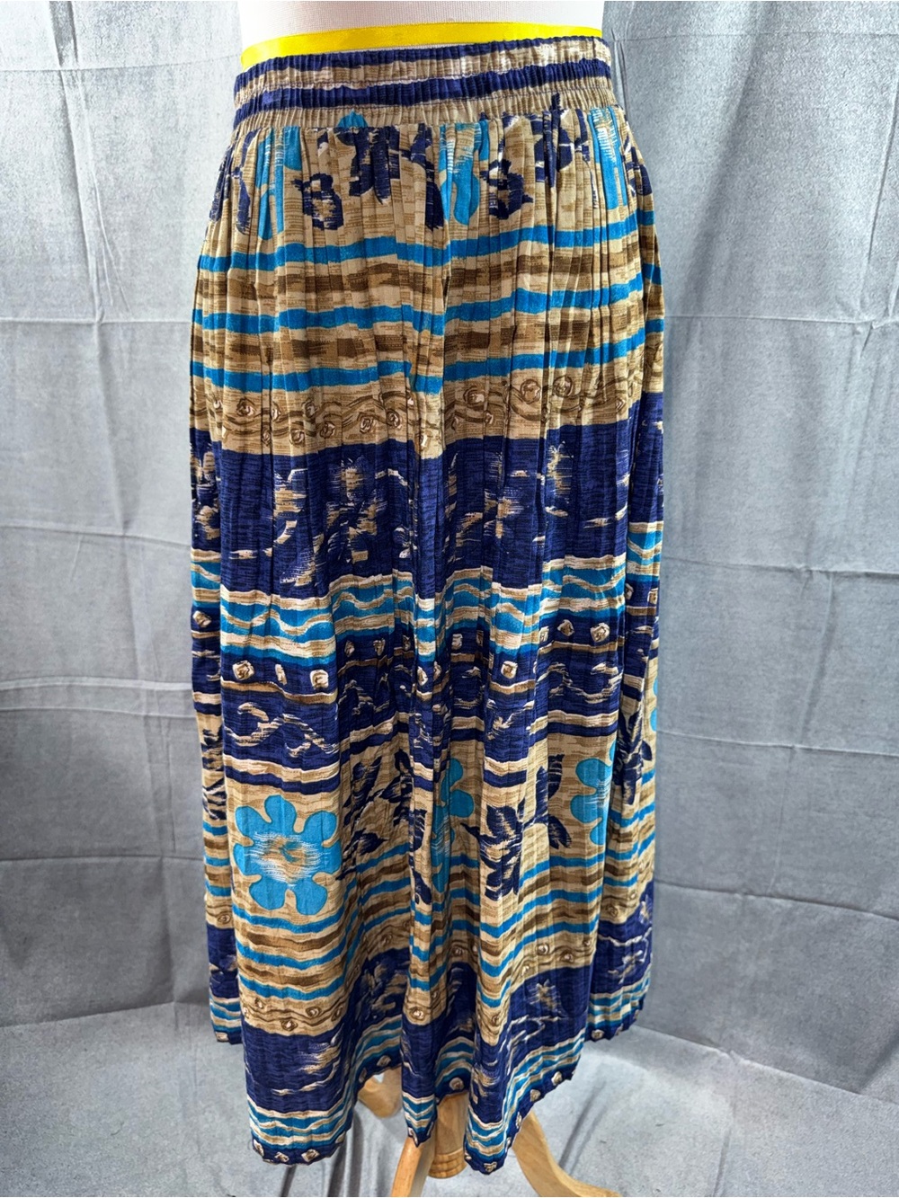 3142-Bohemian Blue & Tan Floral Stripe Maxi Skirt